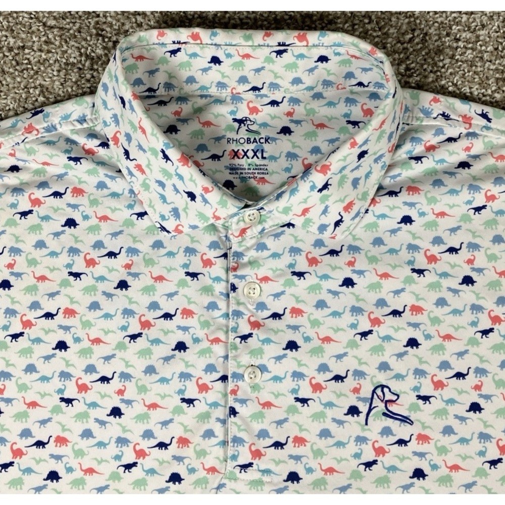 Rhoback Polo Shirt Mens 3XL White Dinosaur Print Golf Performance Stretch‎